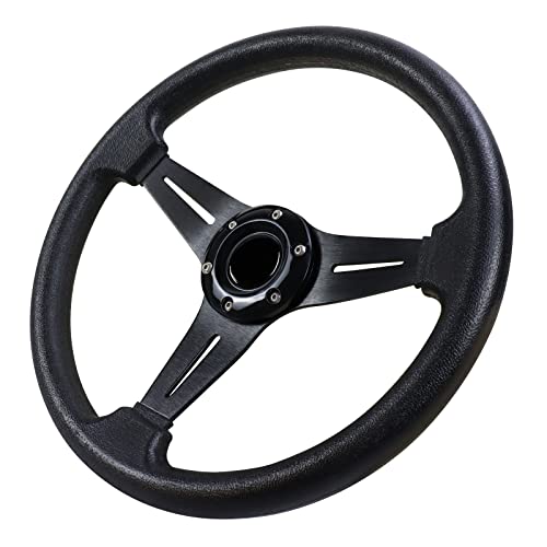 QYMOPAY Universal Racing Steering Wheel, 13.8 Inch 6 Bolt Anti-Slip Leather and Aluminum Gaming Steering Wheel with Horn Button for Racing/Car Sim Driving/JDM Sports Racing Steering Whee black