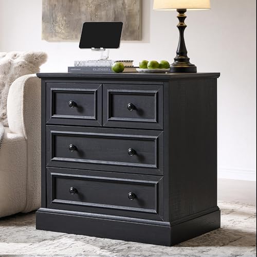Image of ACCOHOHO 26 inch W Nightstands Set of 2, Farmhouse End Table with 4 Drawers for Storage, Nightstand with Charging Station for Bedroom, Black