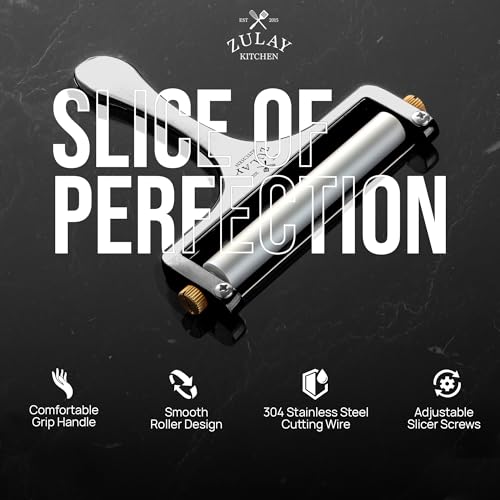 Image of Zulay Kitchen Stainless Steel Wire Cheese Slicer - Adjustable Hand Held Cheese Cutter with 2 Extra Wires - Premium Cheese Shaver For Mozzarella, Cheddar, Gruyere - Cheese Cutter with Wire (Gunmetal)