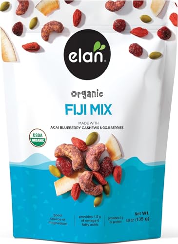 Image of Elan Organic Fiji Mix, 4.8 oz, Non-GMO, Gluten-Free, Vegan, Kosher, Dried Fruits (Dried Goji Berries, Dried Cranberries), Superfood Infused Nuts (Blueberry Acai Cashews), Pumpkin Seeds