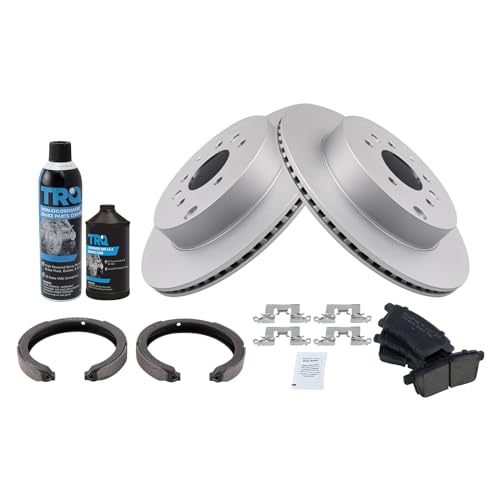 Image of TRQ Rear Brake Pad & Rotor Kit, with Chemical Kit Parking Brake Shoe Set Ceramic Premium G-Coated Compatible with 2007-2012 Mazda CX-9