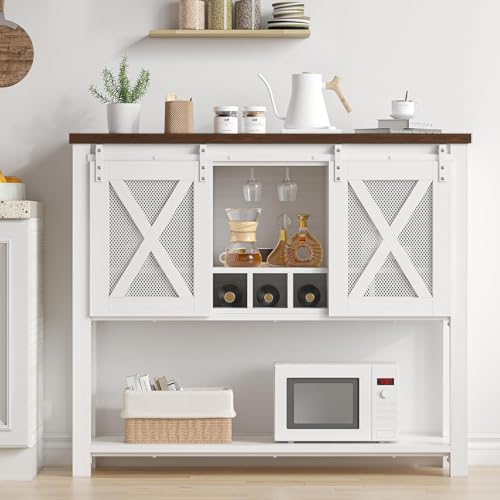Garvee Farmhouse Wine Cabinet, Coffee Bar Sideboard Cabinet Storage, Console Table with Sliding Barn Doors, Entryway Table with Glass Rack for Kitchen Dining Room Hallway, 46.5 inches Long, White