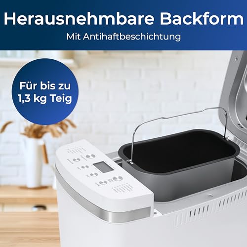 KLAMER Brotbackautomat, 14 Backprogramme, 3 einstellbare Bräunungsstufen, automatische Zubereitung von Brot, Kuchen, Pizzateig, Joghurt & Marmelade, Backform antihaftbeschichtet, Weiß – Bild 5