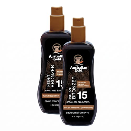 Australian Gold Spray Gel Sunscreen with Instant Bronzer SPF 15, 8 Ounce | Moisturize &amp; Hydrate Skin | Broad Spectrum | Water Resistant | Non-Greasy SPF 15 8 Fl Oz (Pack of 2)
