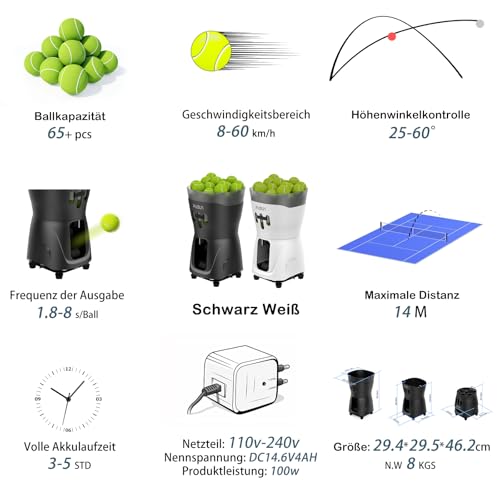 PUSUN PT-MINIPro Tragbare Tennisballmaschine - Leichte Indoor-Tennismaschine mit APP-Steuerung, 65-Ball-Kapazität, Tennistrainer für Schulen (3-5h Akku) (Schwarz)