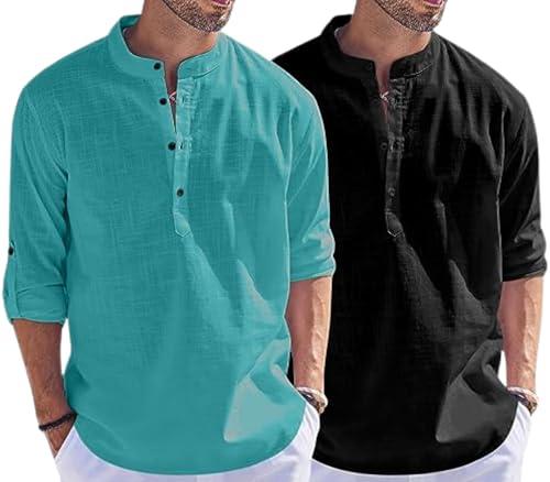 Image of Men's Cotton Blend Straight Kurta Shirt Combo with Mandarin Collar - Slim Fit Casual Short Kurti Set Featuring Textured Slub Fabric and Roll-Up Full Sleeves