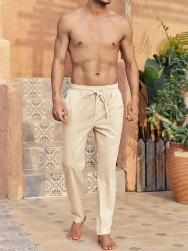 Runcati Herren Leinenhose Einfarbiges Lang Leicht Sommerhose Loose Fit Freizeithose mit Kordelzug für Urlaub Strand Beige XXL