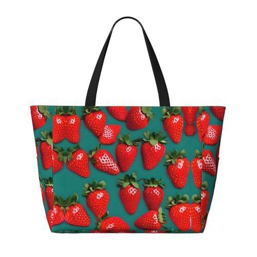 Many Strawberry Print Large Waterproof Beach Bag For Women With Zipper And Pockets For Travel Vacation2