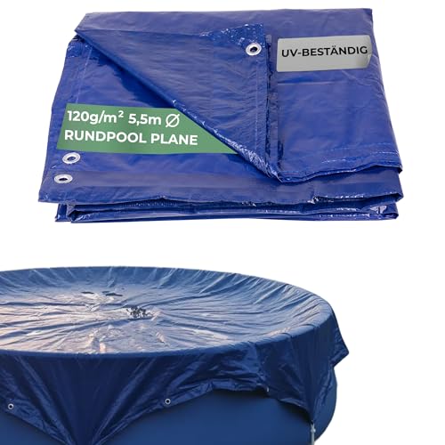STREND PRO Pool Abdeckplane Ø5 5m Wasserdicht mit Ösen | Winterabdeckung 120g/m | Gewebeplane blau | UV-beständig | Poolabdeckung | Regenplane | Abdeckfolie Garten | Runde Poolabdeckung
