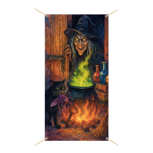 Image of BlissYard Halloween Dark Black Green Door Cover 35x71 Inch Polyester | Entry Banner, Wall Backdrop | Dark Black Door Decor, Party Scene | Porch, Hallway, Photo Area (Haunted House)