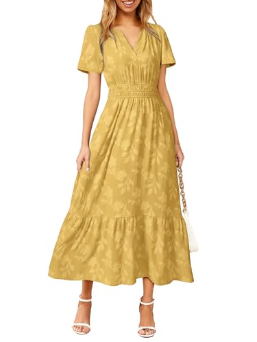 Image of Simplee Womens Summer Boho Maxi Dress Semi Formal Wedding Guest Short Sleeve V Neck Empire Waist Floral Long Dresses