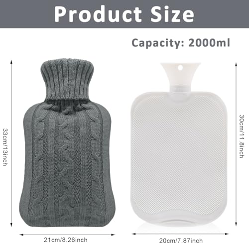 HANNEA® 2L Hot Water Bottle with Soft Knitted Cover, Anti-leak Sealing Stopper for Menstrual Cramps Relief, Hot Compress Therapy