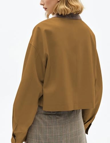 Womens Cropped Jacket Contrast Collar Long Sleeve Button Coat Casual Short Outwear with Pockets4