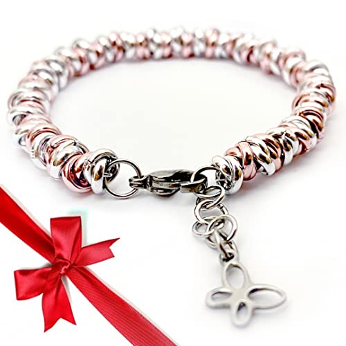  CHRIDIGIO\'  Bracciale Donna  Braccialetto Donna In Alluminio E Acciaio Inossidabile Intrecciato  Braccialetti A Nodini Intrecciato Con Ciondoli Pendenti Charms (Argento / Rosè, 16 - 19 cm)