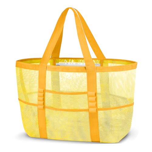 ONCCI Borsa da Spiaggia da Donna XXL Famiglia, Borsa da Spiaggia a Rete Shopper da Donna Tote Bag per Spiaggia Viaggi Shopping Picnic e vita Quotidiana (Giallo)