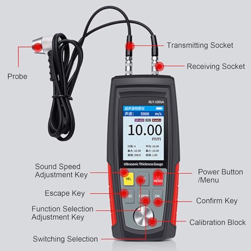 Medidor digital de espesor ultrasónico Fafeicy de ABS para recubrimientos, rango 1 a 225 mm, 5 MHz, con almacenamiento de 500 datos y sonda dividida para inspección de metal, plástico, cerámica y vidrio miniatura 3