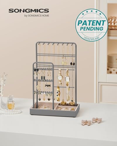 Image of SONGMICS Necklace Holder, Jewelry Stand Holder Organizer, Jewelry Display with Metal Frame, Velvet Tray, Earring Bracelet Holder, for Gift Idea, 4.5 x 7.7 x 12.1 inch, Dove Gray UJJS021G01