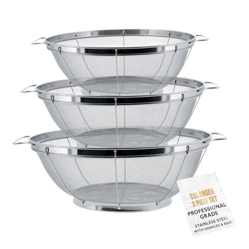 Stainless Steel Kitchen Sieve - Durable Mesh Pasta Strainer with Anti Slip Base | Rust Resistant Drain Basket with Handle for Noodles Vegetables Fruit Washing Steaming Daily Cooking