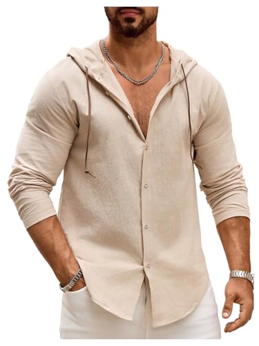 SOLY HUX Men's Linen Hoodie Long Sleeve Button Down Shirt Hawaiian Beach Tops with Hood Plain Khaki X-Large