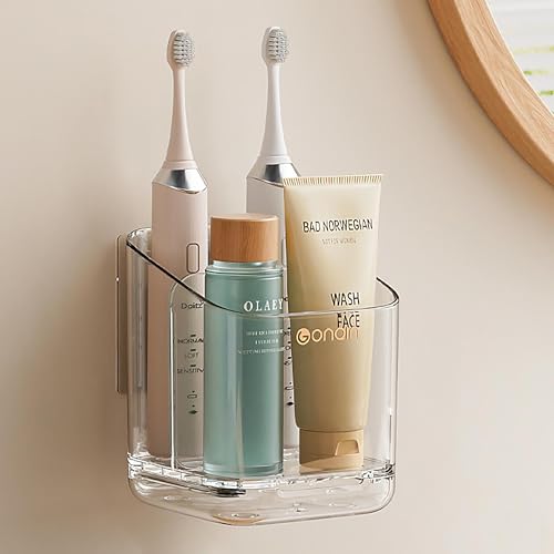 Toothbrush Holders for Bathroom - Detachable Divided Design, Drawer Drainage Tray, Adhesive Wall-Mounted/Countertop Dual-Use, Large Capacity Organizer for Bathroom/Kitchen/Office, Easy Install (Grey)