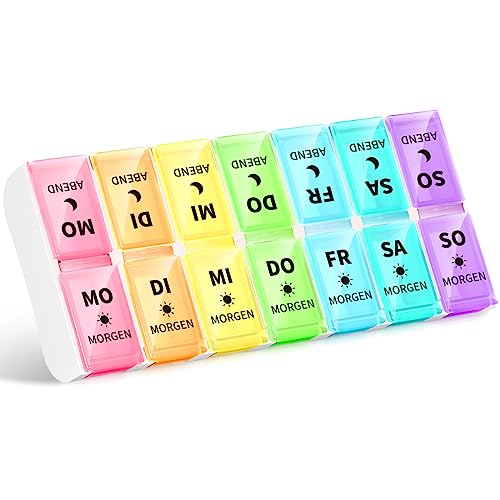 Opret Duitse tablettenbox 7 dagen 2 vakken 's ochtends avonds, afneembare pillendoos, pillendoos, medicijnbox 7 dagen tabletten, weekbox, tablettendoos, tablettenbox 14 vakken