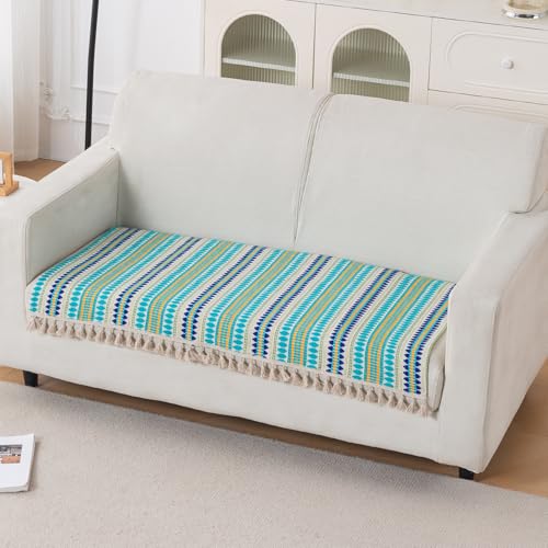 Image of HOKIPO 'Artisan Boho Series' Sofa Cover Mat with Tassel | 450 GSM Cotton Acrylic Jacquard for 2 Seater Sofa, Aqua Blue (IN-902-A4*S)