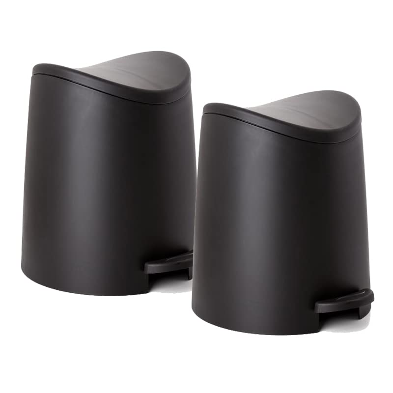 Image of Small Plastic Bathroom Trash Can with Lid 3 Liter Modern Curved Step On Trash Can with Foot Pedal, Mini Kitchen Waste Bin, Durable and Soft Close for Bedroom, Office, Under Desk (Black-2 Pack)