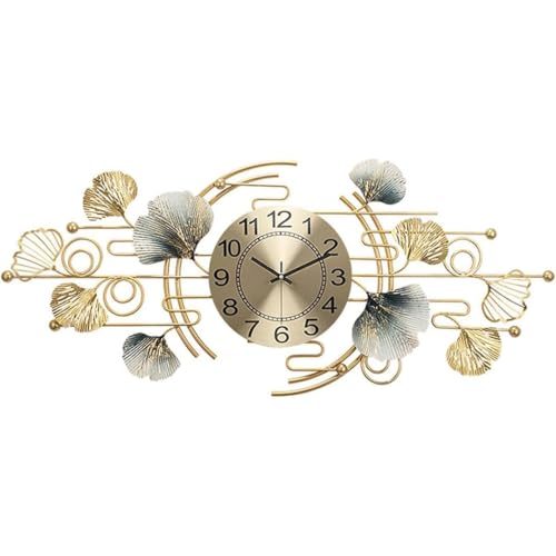 Image of FUNTEREST Large Metal Wall Clock for Living Room Decor | Luxury Golden & Blue Ginkgo Leaf Design | Modern Silent Non-Ticking Wall Watch | Premium Decorative Wall Art Clock (70 x 39 cm)