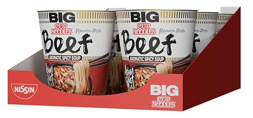 Nissin Cup Noodles BIG Beef 6er Pack Ramen Style Instant-Nudeln mit Rindgeschmack schnell im Becher zubereitet asiatisches Essen (6 x 83 g)