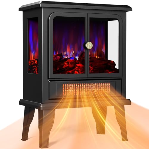 BLITZHOME 18'' Electric Fireplace Heater, Thermostat Control, 3D Realistic Flame, 2 Heating Mode 750/1500W, Safety Protection, Portable Freestanding Fire Places Stove for Home Indoor, Small Space