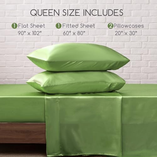 Image of MR&HM Satin Bed Sheets, Queen Size Sheets Set, 4 Pcs Silky Bedding Set with 15 Inches Deep Pocket for Mattress(Queen, Sage)