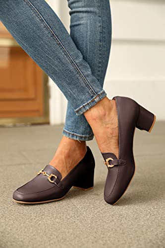 Women's Low Block Heel Pumps Slip On Chain Chunky Heel Closed Square Toe Comfortable Patent Leather Loafers Casual Dressy Business Office Work Shoes Coffee #TOP4