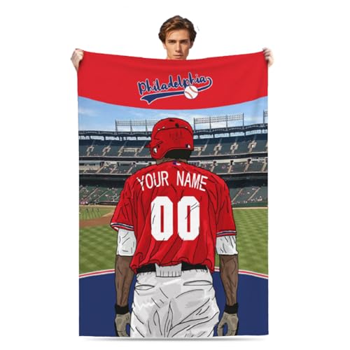 CTAOOEN Custom Flannel Blanket with Baseball Player with Any Name and Number, Personalized Throw Blanket with (Philadelphia) Baseball Team Star Art Print for Kid Adult