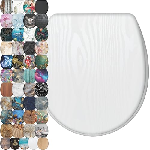 Image of Sanilo Wooden Toilet Seat with Quick Release & Soft Close [ROUND] - Decorative & Slow Close Molded Wood Seat - With One Click for Easy Installation & Cleaning - With Adjustable Fit (White Wood)
