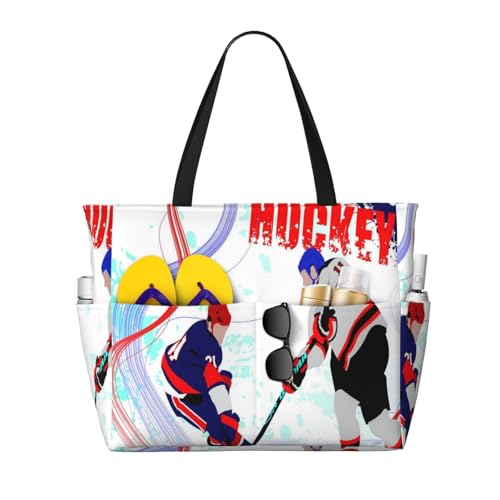Ice Hockey Players, Beach Bag Women Tote Bag Pool Bag With Zipper For Gym Grocery Travel With Wet Pocket