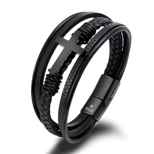 HEIX Mens Multilayer Braised black Leather Glossy Cross Bracelet Magnetic Stainless Steel Clasp Easter Christian Baptist Gift Idea for Men & Boys Jewelry (Black, 21)