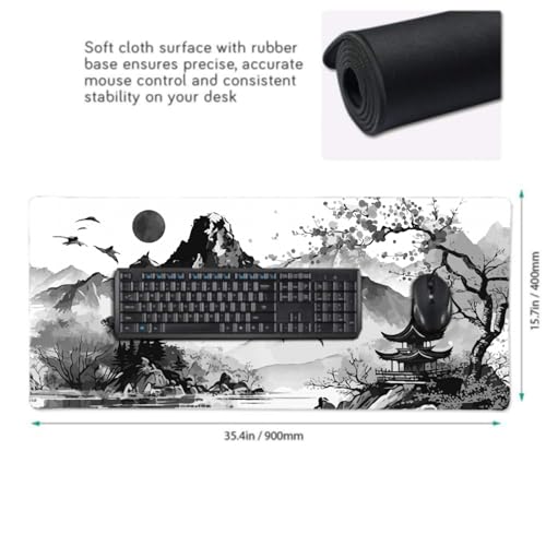 Image of Black White Japanese Watercolor Cherry Blossom Gaming Mouse Pad 35.4x15.7 XXL Extended Mousepad Large Keyboard Mouse Mat Desk Pad with Non-Slip Rubber Base Stitched Edges for Home Office Game