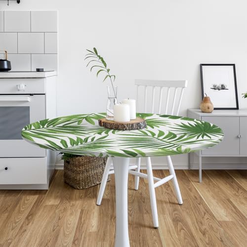 Pardick Summer Leaves Round Fitted Tablecloth with Elastic Edge 45"-56" Fitted Table Cloth for Round Table Circular Table Cover Waterproof Wipeable Round Elastic Table Cloth by Pardick - Used condition - Image 5