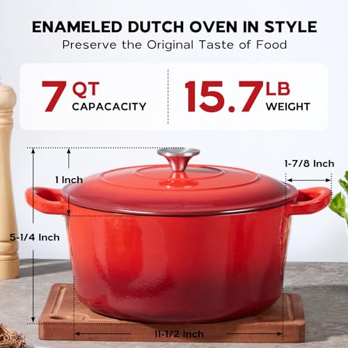 Onader 7QT Enameled Cast Iron Dutch Oven with Lid for Bread Baking, Round Dutch Oven Pot, Heavy Duty - Red