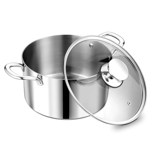 P&P CHEF 5 Quart Tri-Ply Stainless Steel Stock Pot, 5 Qt Stockpot Pasta Cooking Pot with Visible Lid for Soup Vegetable, Induction Cookware for All Stoves, Sturdy & Double Handle, Dishwasher Safe