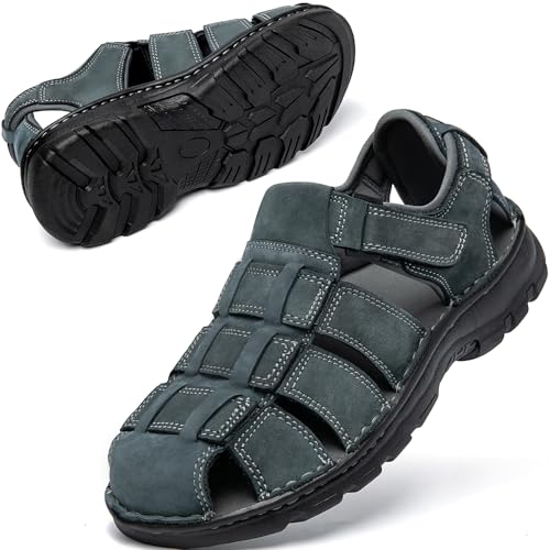 Image of KOIMED Men's Hiking Leather Sandals Closed Toe Water Shoes For Summer Athletic Outdoor Walking Sports Trail River Fishing Wide Adjustable Waterproof Arch Support