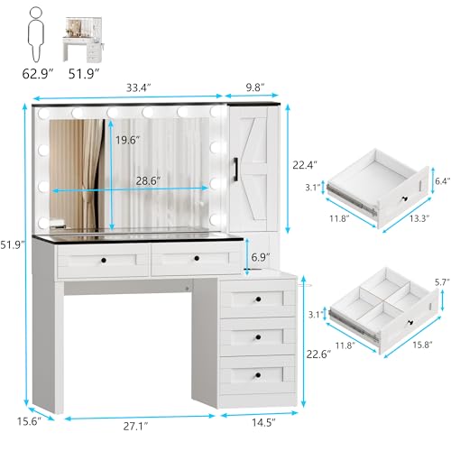 PAKASEPT Farmhouse Vanity Makeup Desk with Mirror and Lights, Glass Tabletop Vanity Desk with Drawers, Charging Station, Cabinet, Modern Vanity Table for Bedroom, White - Thumbnail 2