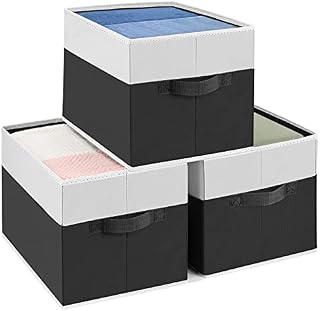 DIMJ 3 Pack Foldable Storage Boxes Fabric Storage Basket with Handle Wardrobe Storage Organiser Box Storage Bins for Shelves, Bedrooms, Study Room, Children's Room