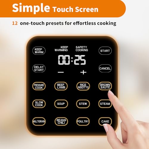 Image of 6Qt Electric Pressure Cooker, 9-in-1 Programmable with IMD Touchscreen, Rice Cooker, Slow Cook, Steam, Saute, Warmer, 24H Delay Start, Non-Stick Ceramic Pot, 1000W, Silver