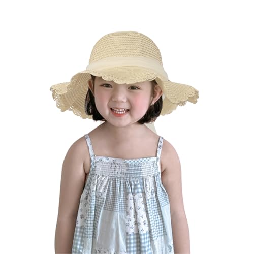 Strohhut Kinder Mädchen Kleinkind Sonnenhut Süßer Sommer Breite Krempe Strandhut Anti-UV Spitze Strandkappe Strand Hüte Rund Mütze Sommerhut mit Kirsche Dekoration Schleife für Urlaub Reise (Beige)