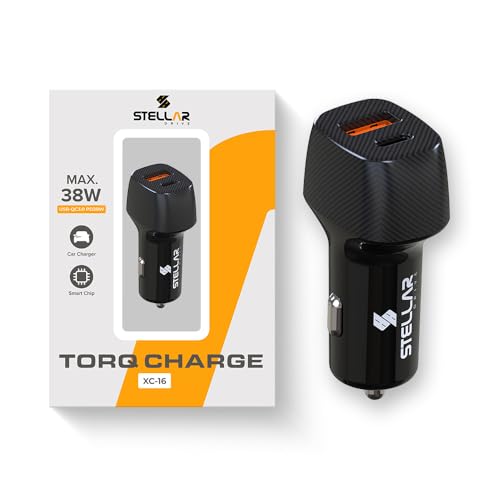 Image of Stellar Drive Fast Car Charger 38W | Dual Port USB C PD (20W) & QC 3.0 (18W) Adapter | 12V /24V Compact Car Charger | Smart Safety Car Charging Plug | Compitable for iPhone, Android, Tablets | XC-16