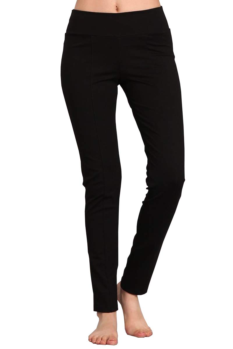 HEYHUN Womens Casual Solid Work Wear Everyday Slim Fit Pull On Ponte Pants w Wide Waistband S-L
