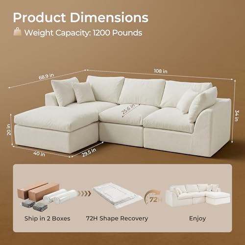 Image of Amsleekey 108 inch Cloud Sectional Couch with 2 Washable Cover Sets