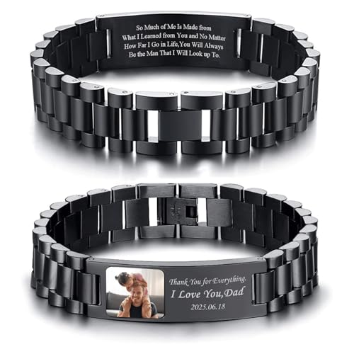 VNOX Personalized Photo Bracelet for Men - Free Engraving Custom Bracelets,Stainless Steel Adjustable Engraved Wristband,Trendy Customizable Picture Bracelet Gift for Dad Husband Boyfriend，1
