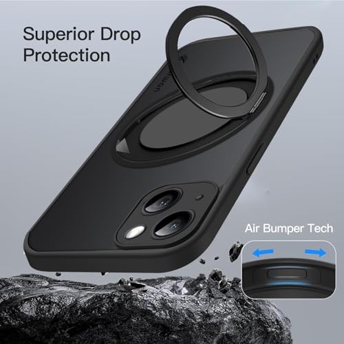 Image of KARWAN Tough Shockproof Armor Back Case Cover Compatible with iPhone 13 with 360 Degree Rotation Magnetic Attraction Ring Holder Heavy Duty Rugged Cover with Magnetic MagEase Wireless Charging (Black)